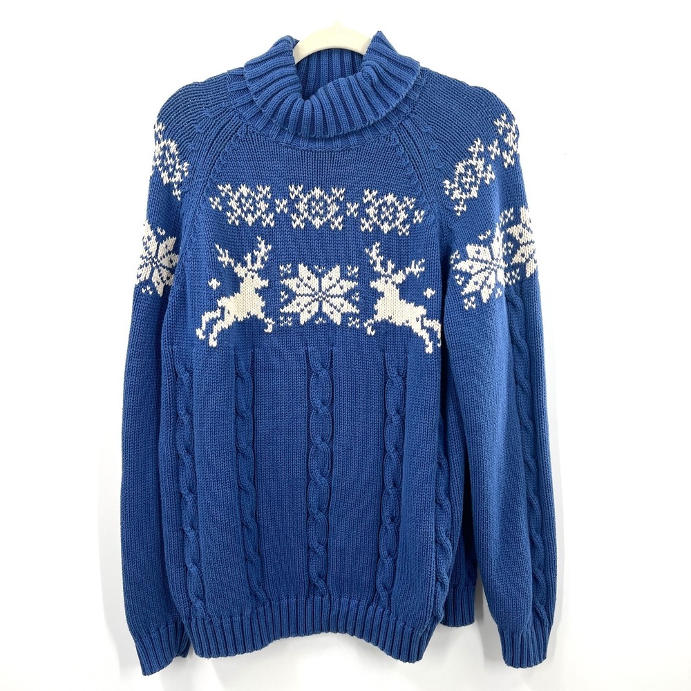 Vintage 80s 90s Lands' end heavyweight knit ski sweater Reindeer cabin core XL 1